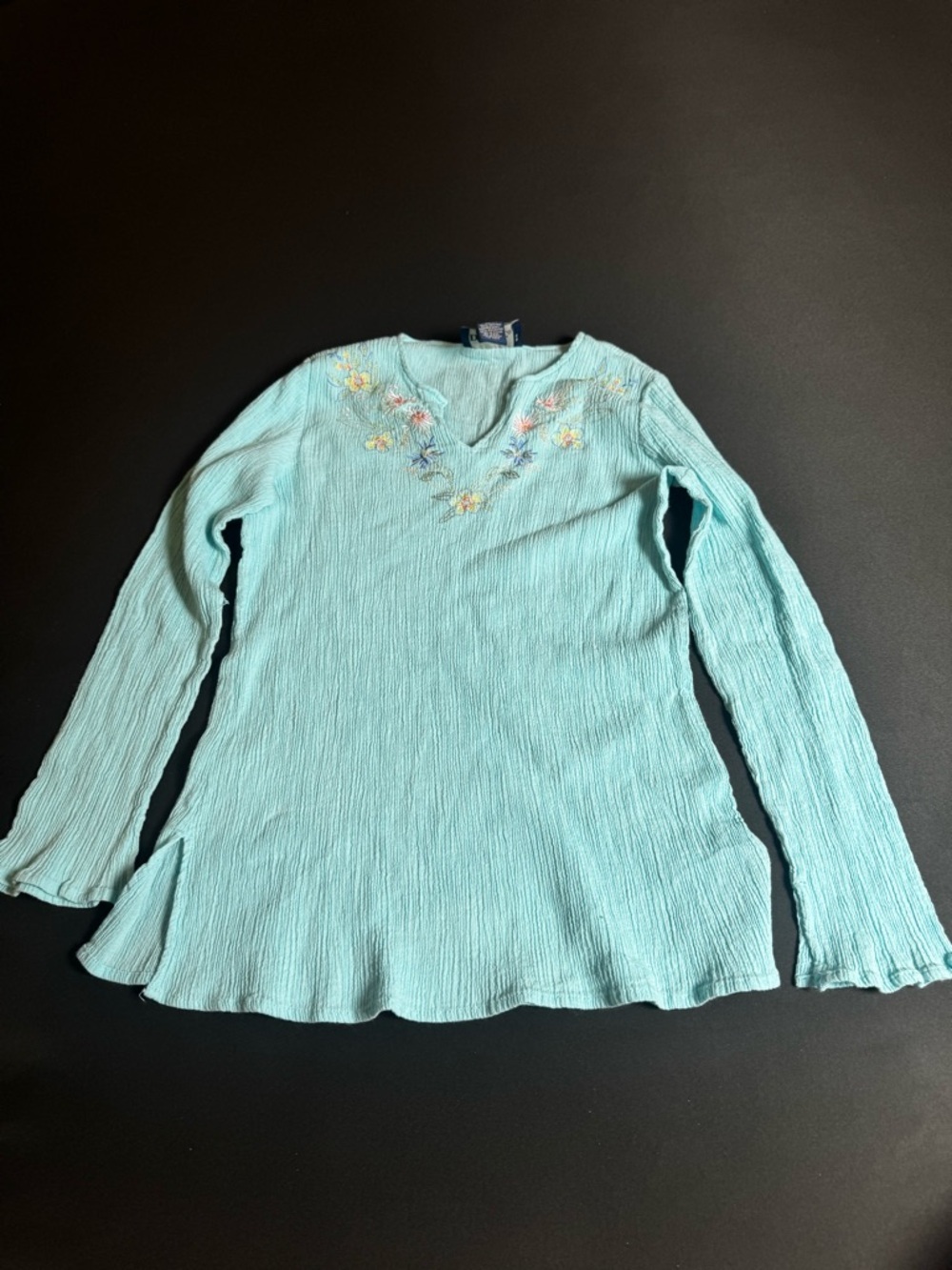 Denim&Co Aqua Embroidered V-Neck Long Sleeve Top